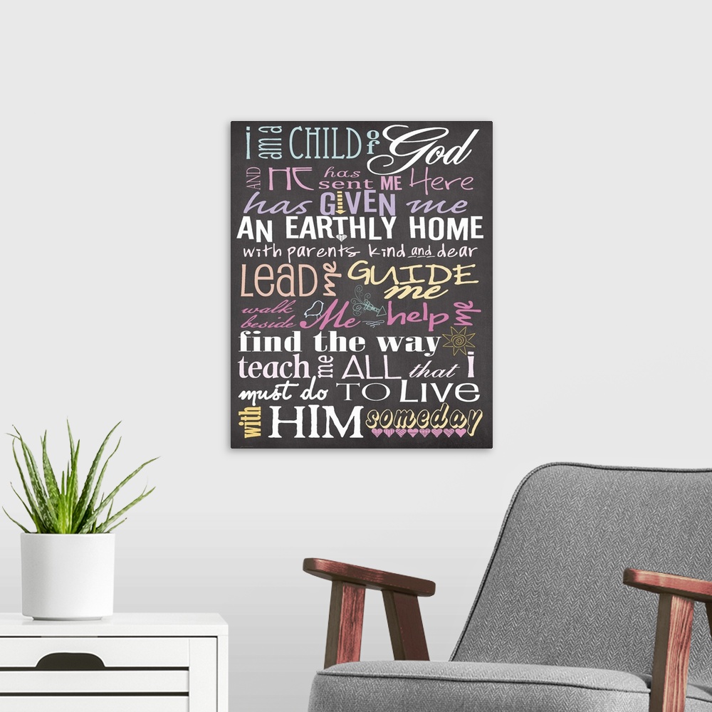 A modern room featuring Contemporary handlettered chalkboard art, with colorful lettering.