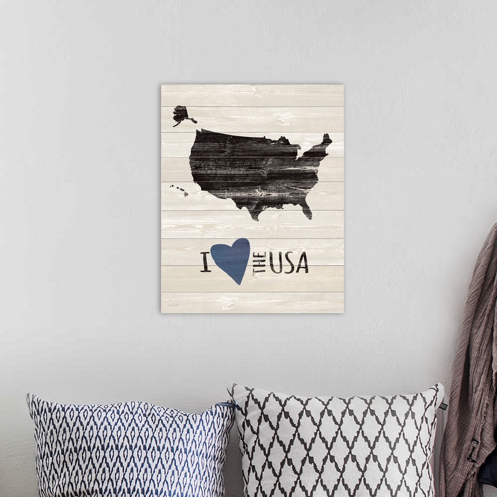 A bohemian room featuring "I 'Heart' the USA" on a shiplap wood background.