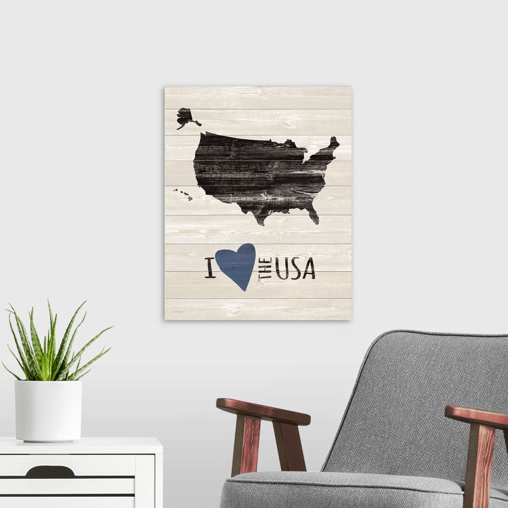 A modern room featuring "I 'Heart' the USA" on a shiplap wood background.