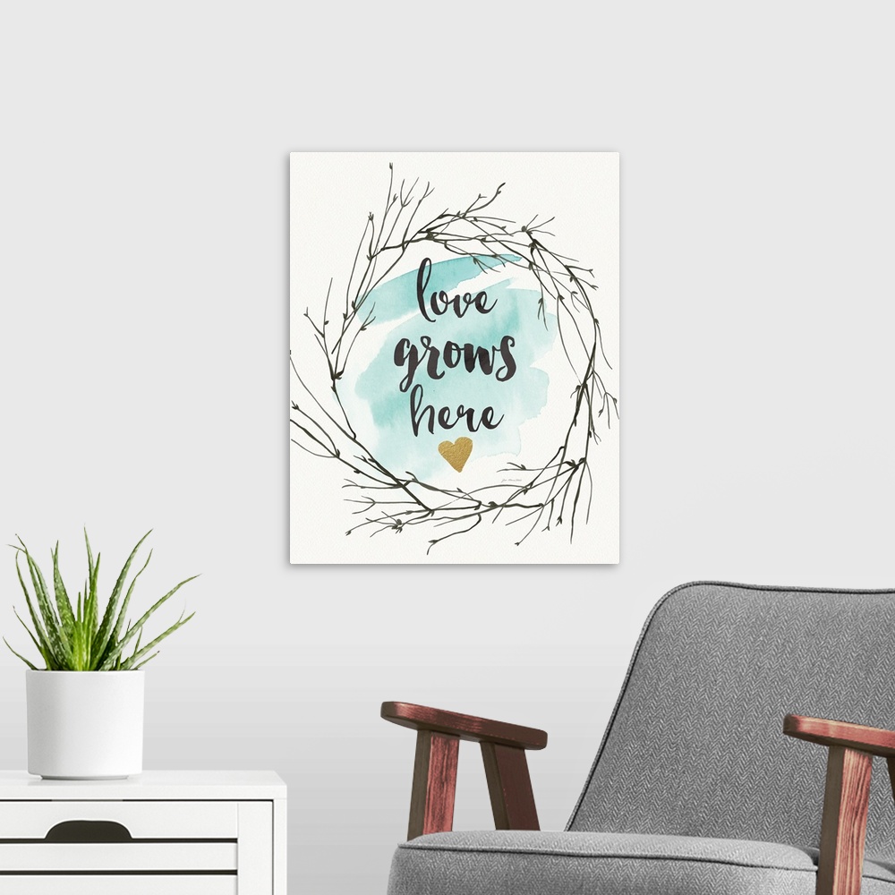 A modern room featuring A decorative typographic design in the center of a wreath of twigs.