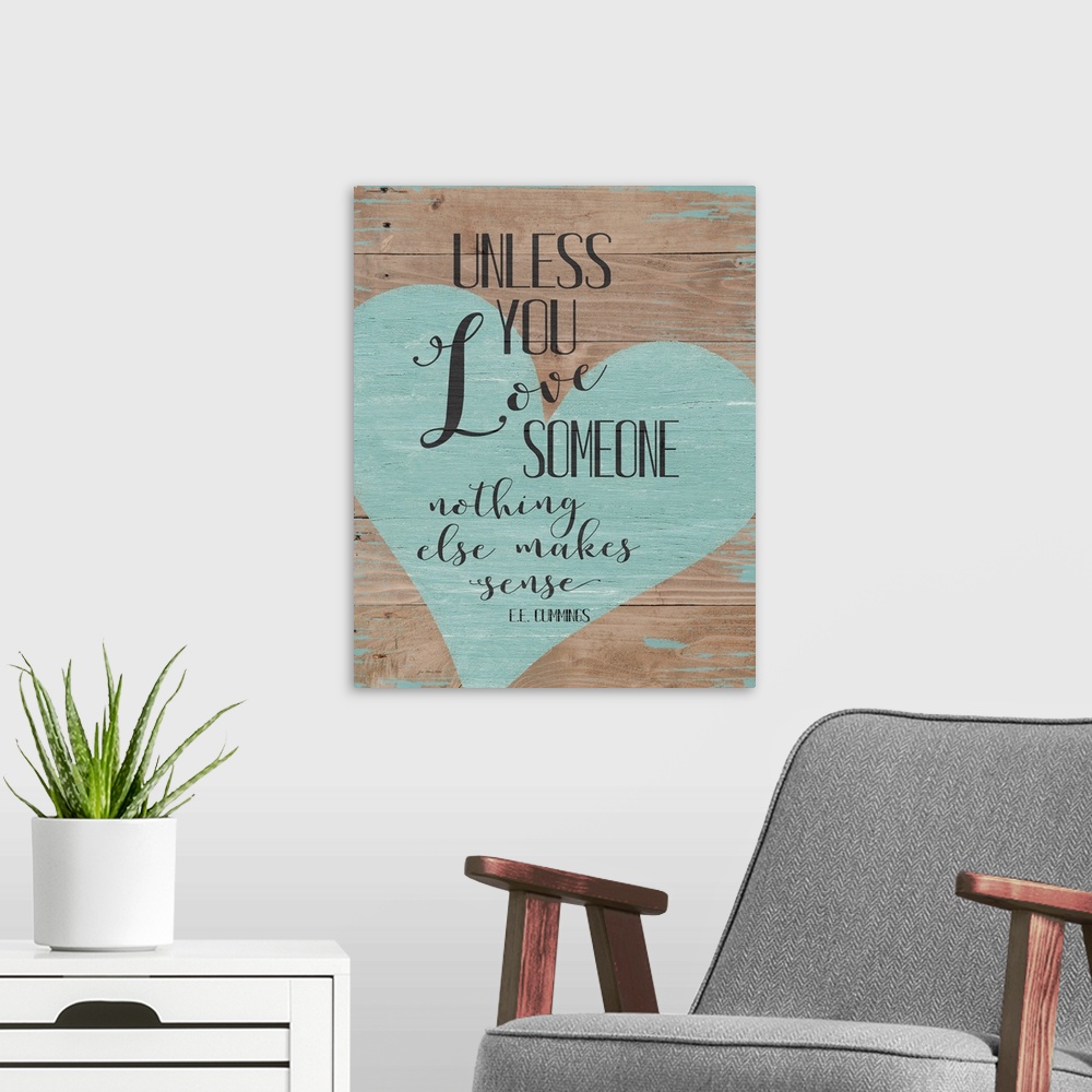A modern room featuring Distressed typographic art with a heart on a shiplap wood background.