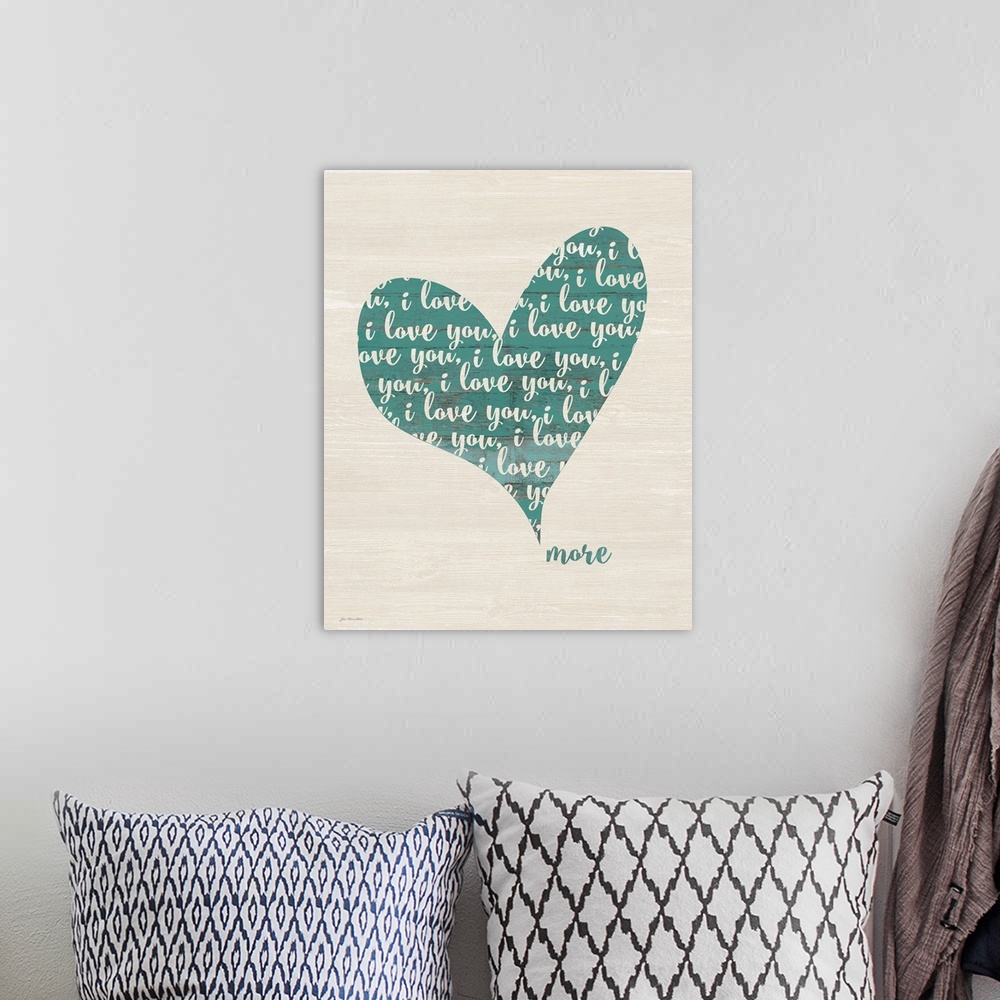 A bohemian room featuring "i love you" in the shape of a heart on a textured wood background.