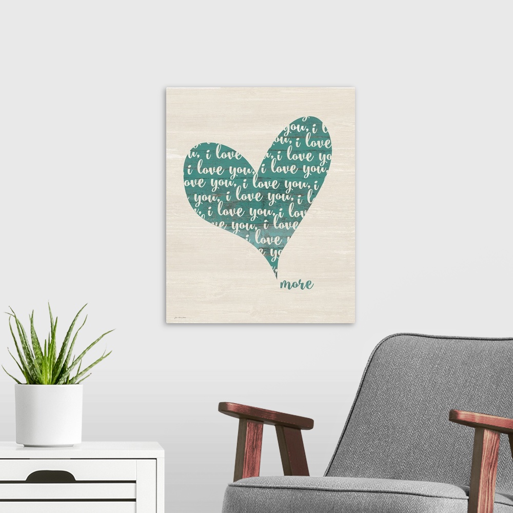 A modern room featuring "i love you" in the shape of a heart on a textured wood background.