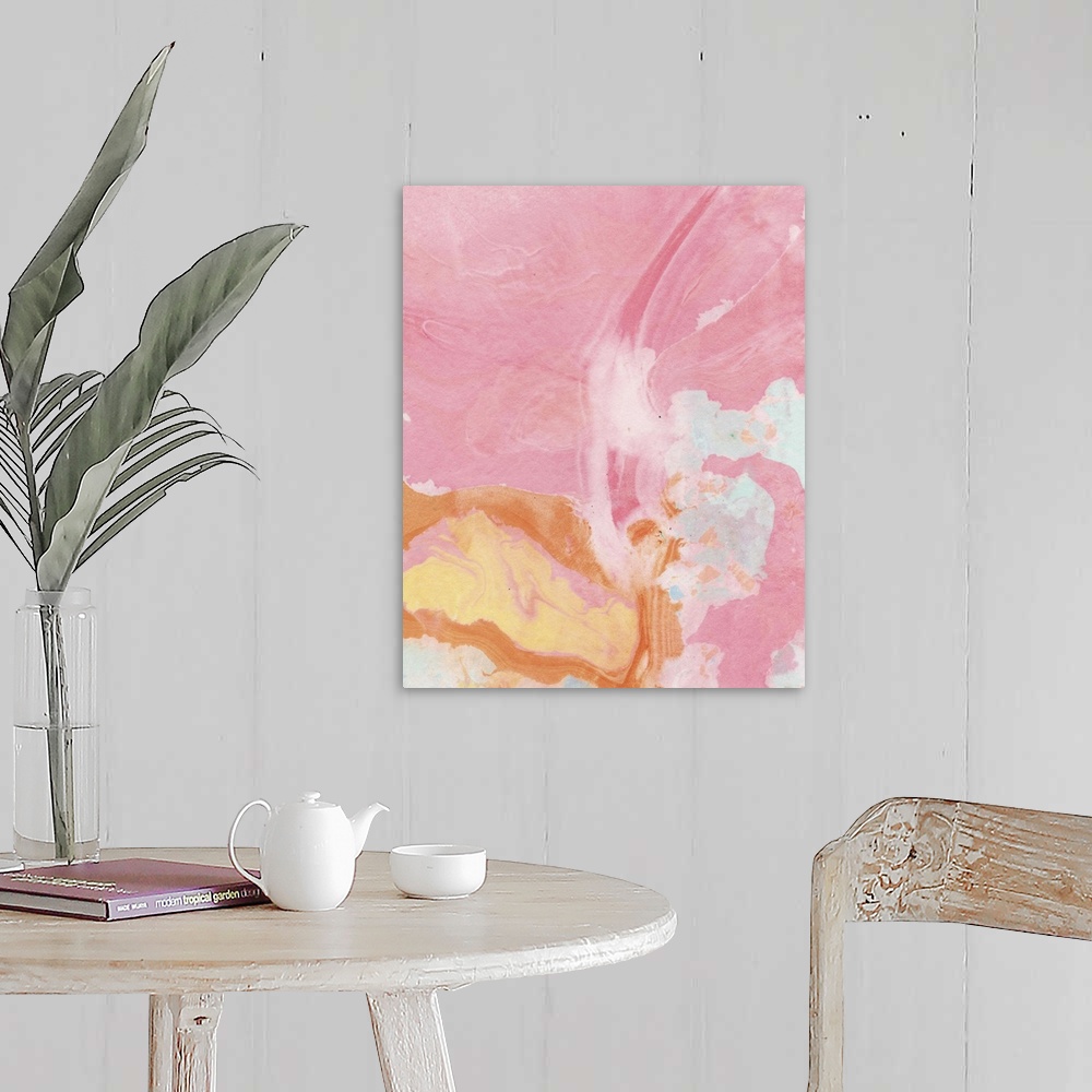 A farmhouse room featuring Abstract contemporary artwork in pastel pink and orange swirling colors.
