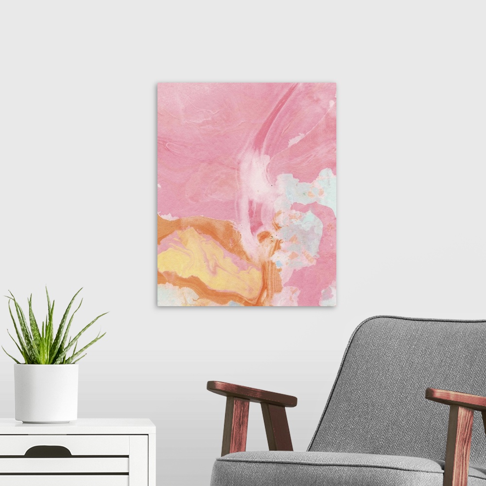 A modern room featuring Abstract contemporary artwork in pastel pink and orange swirling colors.