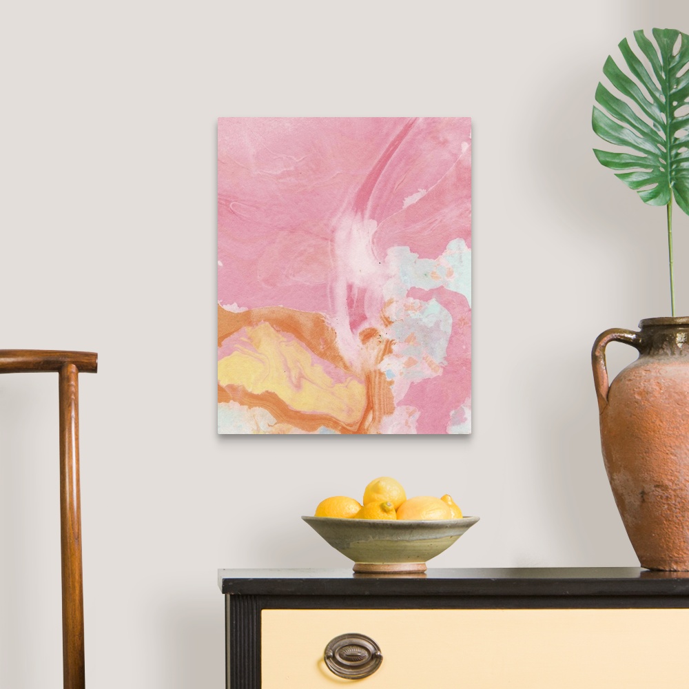 A traditional room featuring Abstract contemporary artwork in pastel pink and orange swirling colors.