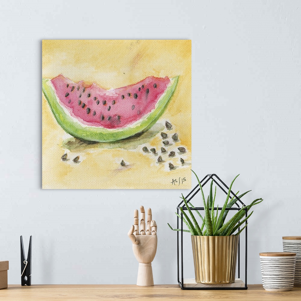 A bohemian room featuring Contemporary painting of a watermelon wedge sitting on a yellow surface.