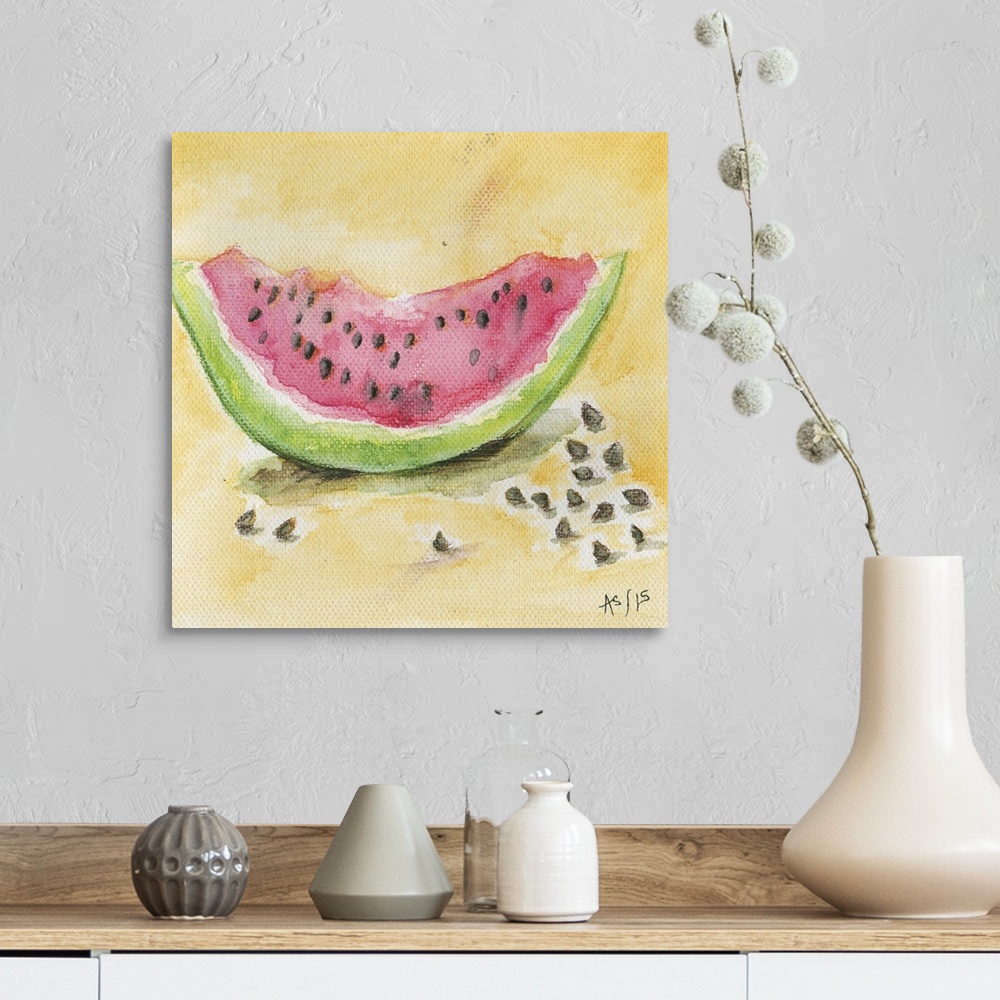 A farmhouse room featuring Contemporary painting of a watermelon wedge sitting on a yellow surface.