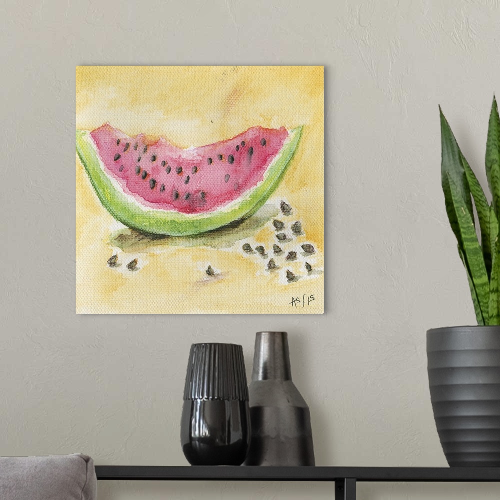 A modern room featuring Contemporary painting of a watermelon wedge sitting on a yellow surface.