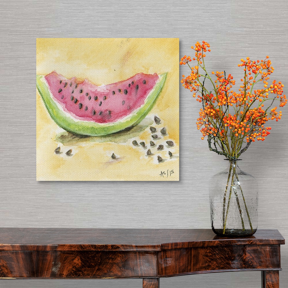 A traditional room featuring Contemporary painting of a watermelon wedge sitting on a yellow surface.