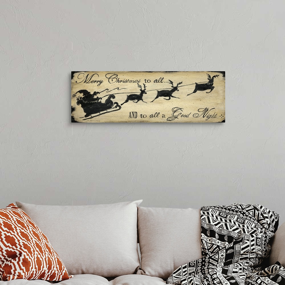 A bohemian room featuring Silhouette of Santa Claus and his reindeer against a beige background with typography holiday wis...