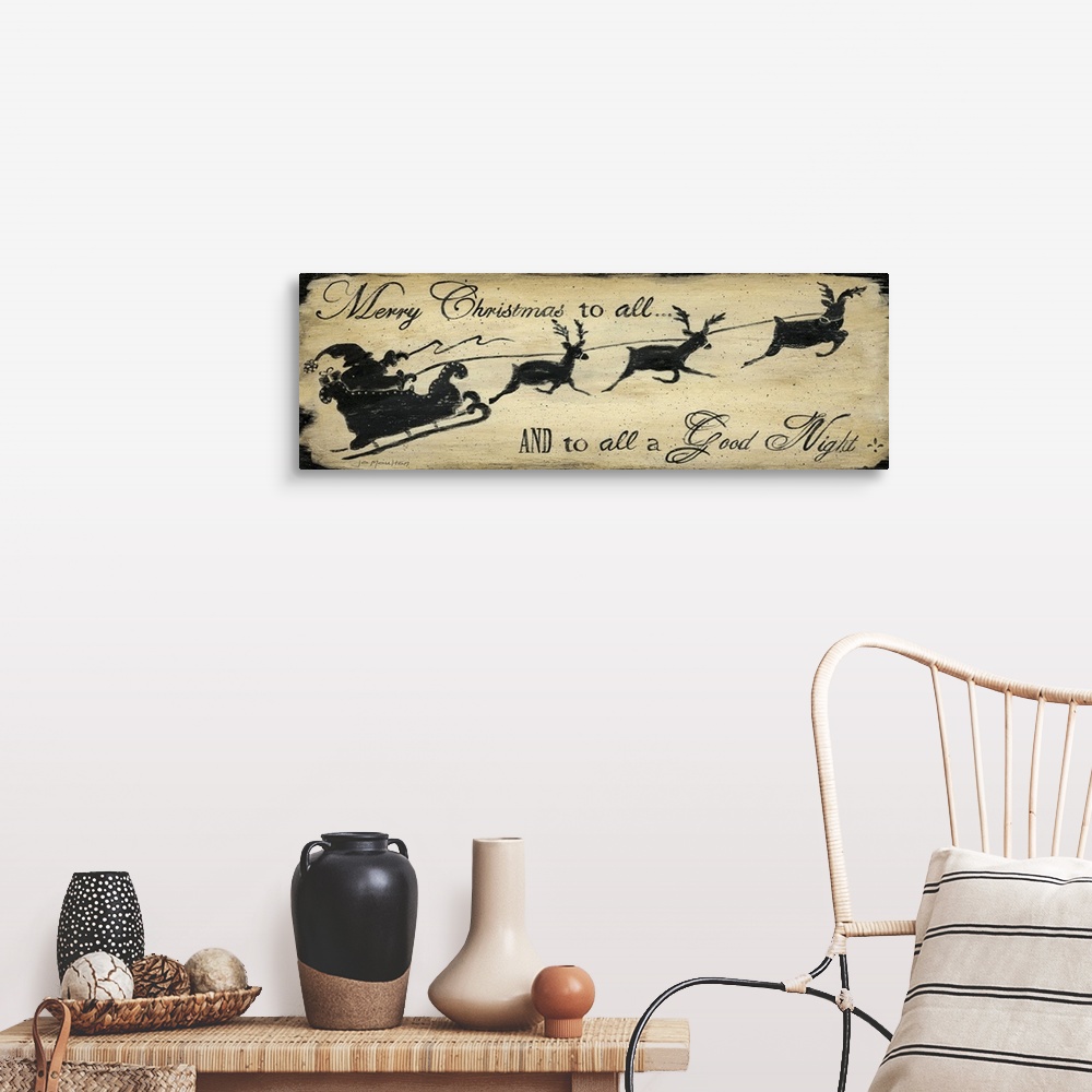 A farmhouse room featuring Silhouette of Santa Claus and his reindeer against a beige background with typography holiday wis...