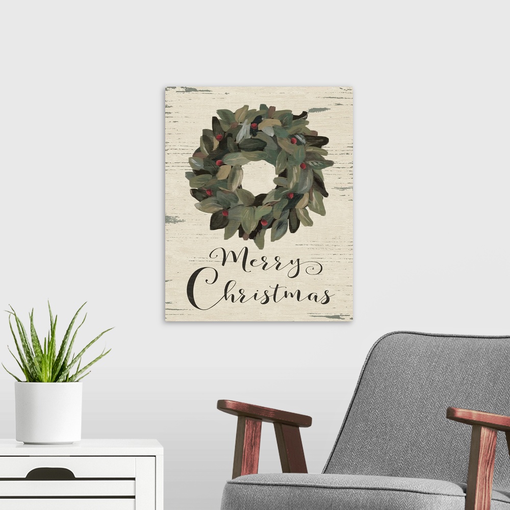 A modern room featuring A decorative wreath with the phrase "Merry Christmas" painted on a wooden background.
