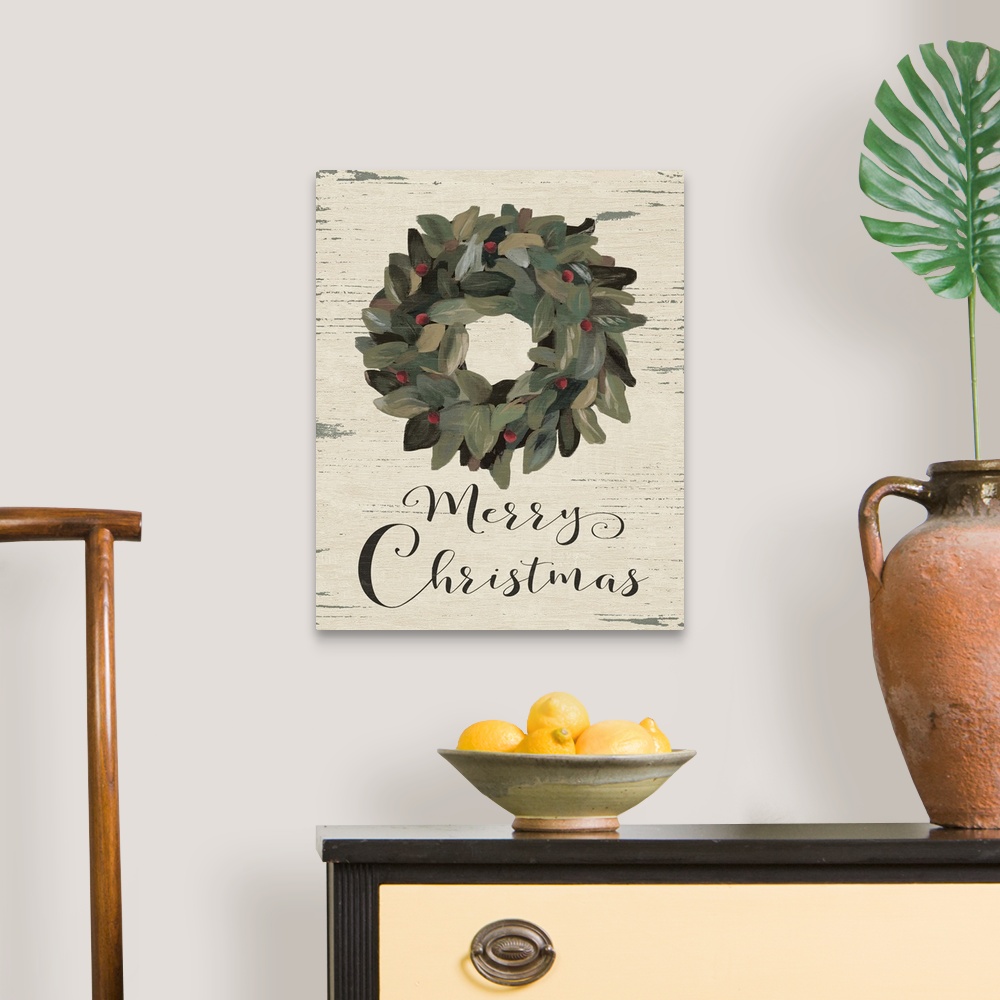 A traditional room featuring A decorative wreath with the phrase "Merry Christmas" painted on a wooden background.