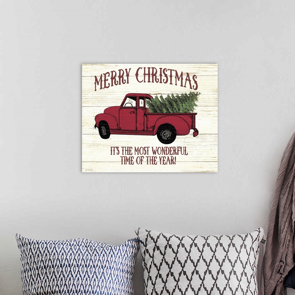 A bohemian room featuring A decorative Christmas sign with a red vintage pickup truck hauling Christmas trees and the phras...