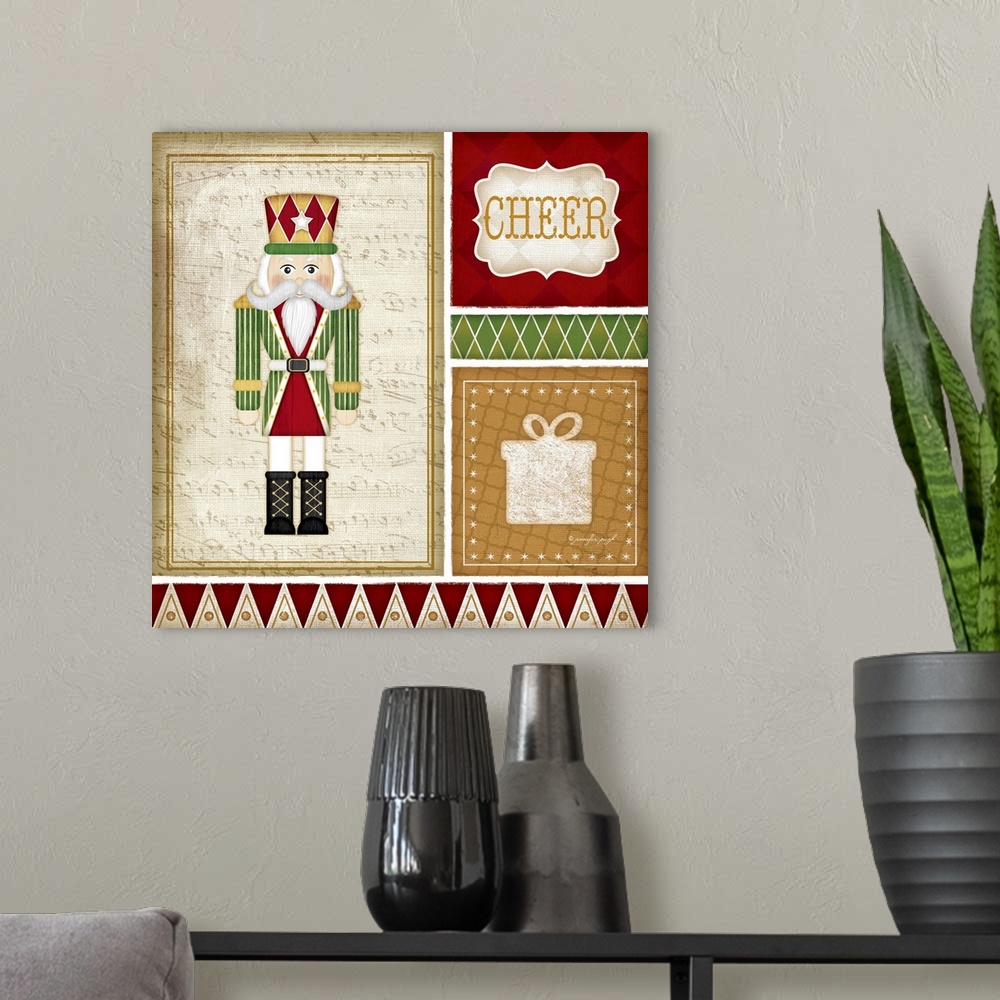 A modern room featuring Holiday themed home decor artwork of a nutcracker in a tiled square.