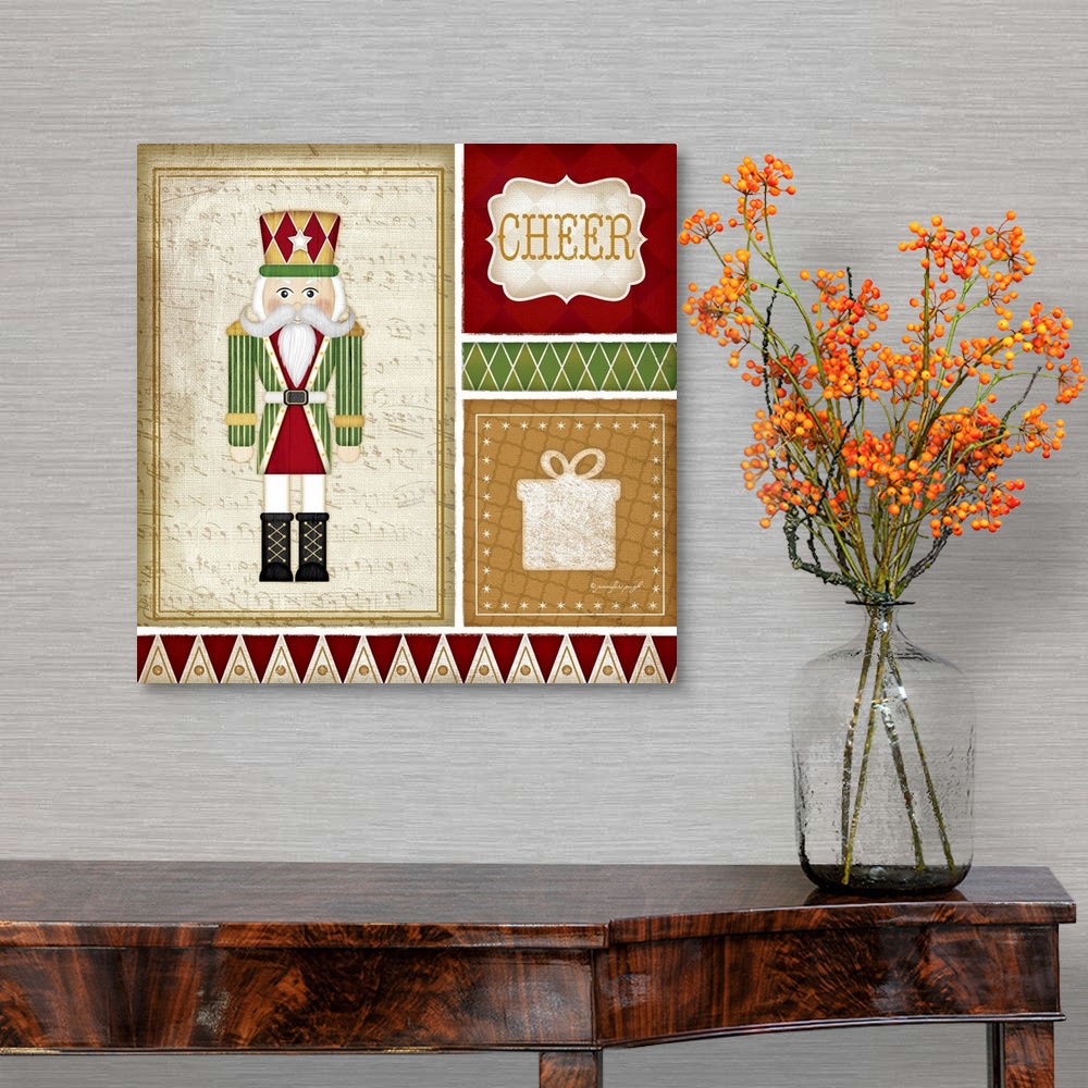 A traditional room featuring Holiday themed home decor artwork of a nutcracker in a tiled square.