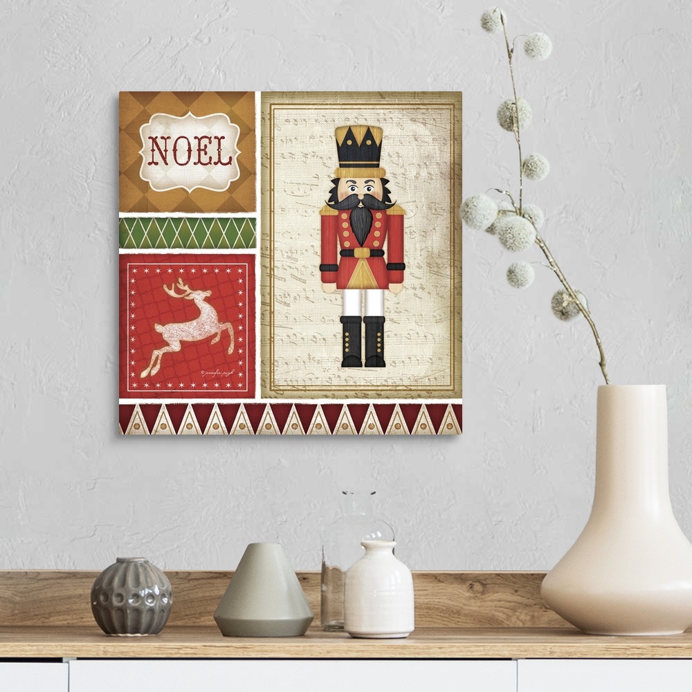A farmhouse room featuring Holiday themed home decor artwork of a nutcracker in a tiled square.