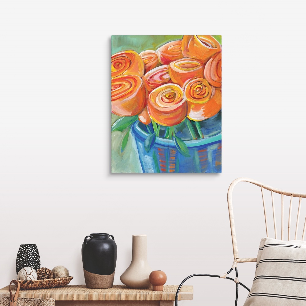A farmhouse room featuring Contemporary painting of a vase holding orange tulips.