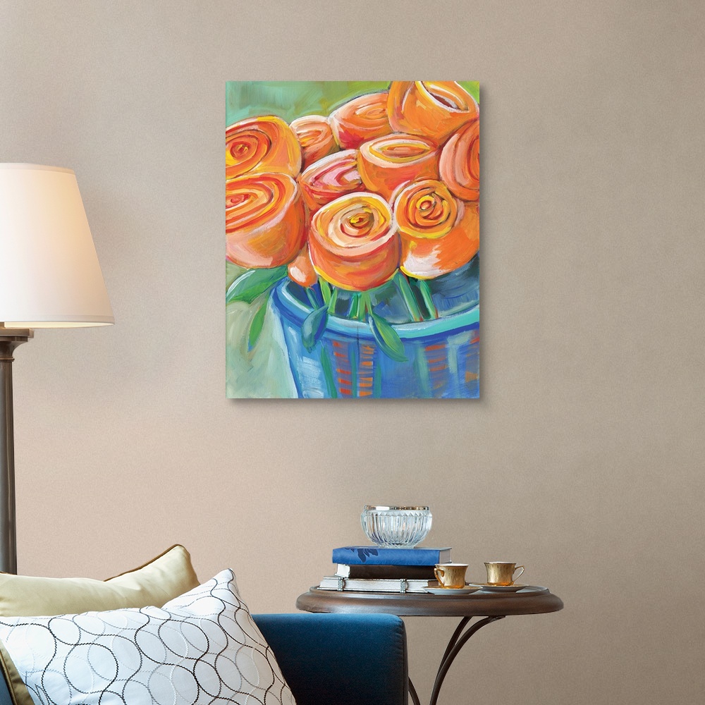 A traditional room featuring Contemporary painting of a vase holding orange tulips.