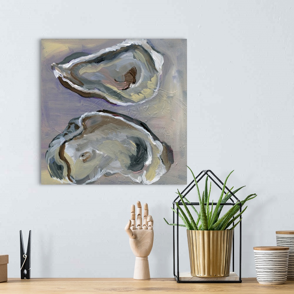 A bohemian room featuring Painting of two oysters that are split open on a background of various neutral tones.