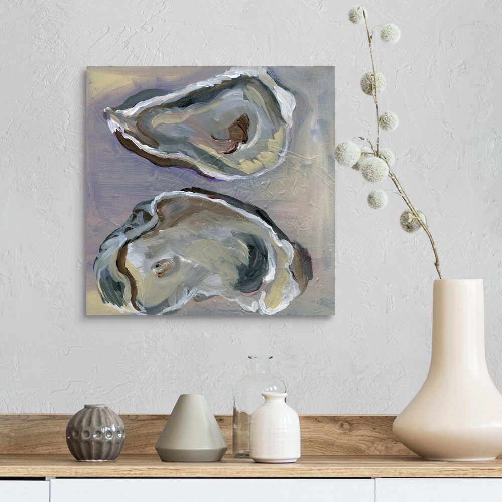 A farmhouse room featuring Painting of two oysters that are split open on a background of various neutral tones.