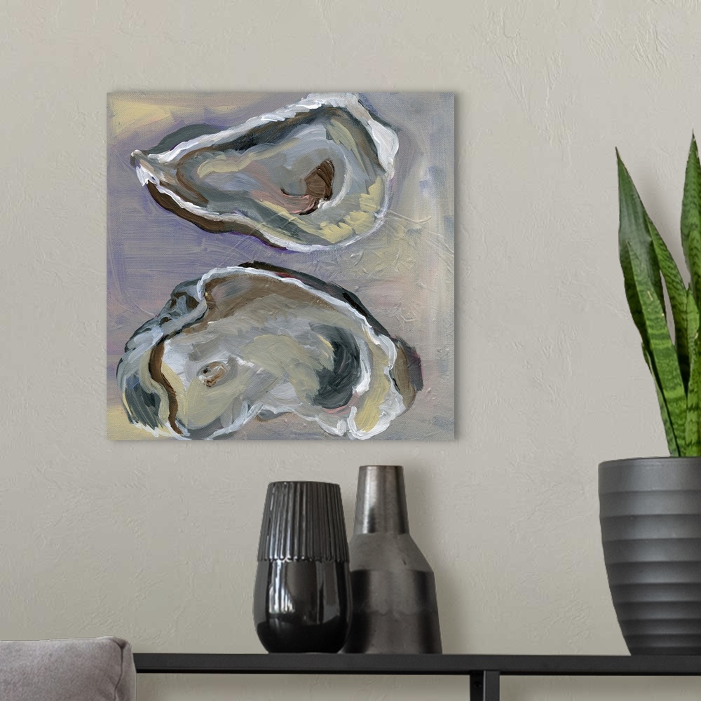 A modern room featuring Painting of two oysters that are split open on a background of various neutral tones.