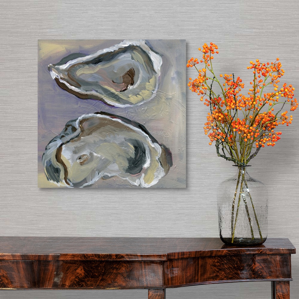A traditional room featuring Painting of two oysters that are split open on a background of various neutral tones.