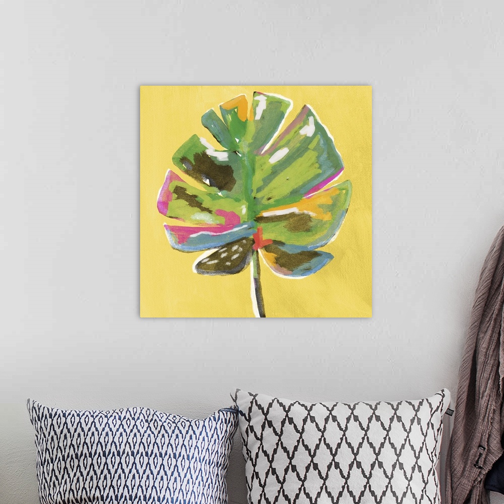 A bohemian room featuring Square painting of a colorful palm leaf on a yellow background.