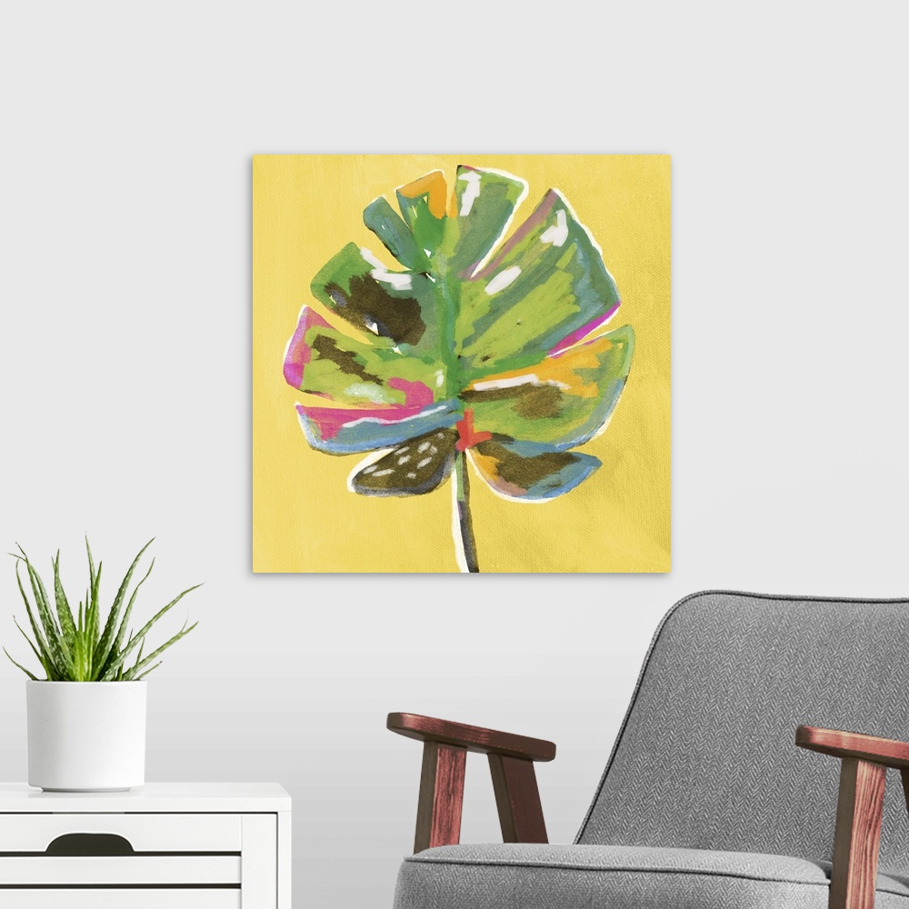 A modern room featuring Square painting of a colorful palm leaf on a yellow background.
