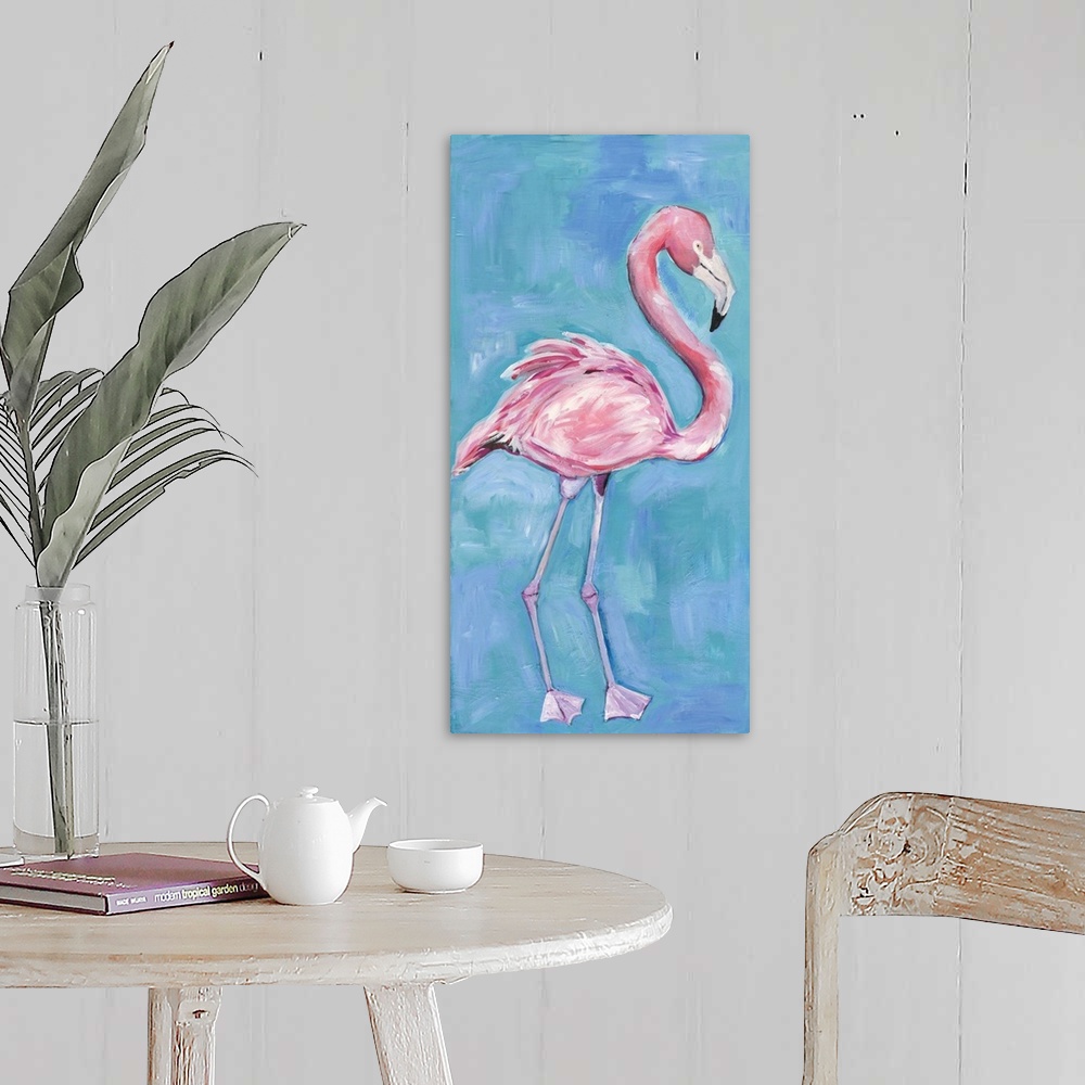 A farmhouse room featuring Contemporary painting of a poised flamingo standing against a blue background.