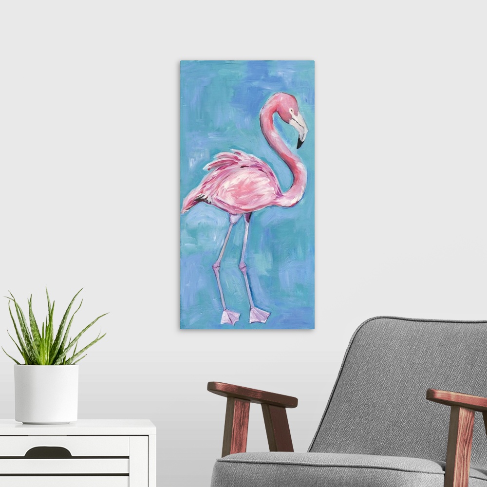 A modern room featuring Contemporary painting of a poised flamingo standing against a blue background.