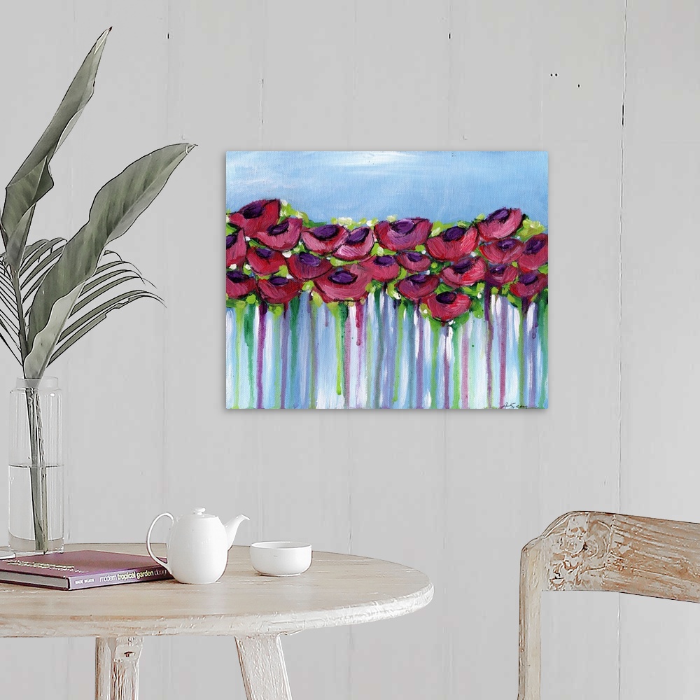 A farmhouse room featuring Contemporary painting of four rows of poppy flowers on a blue background with red and green paint...