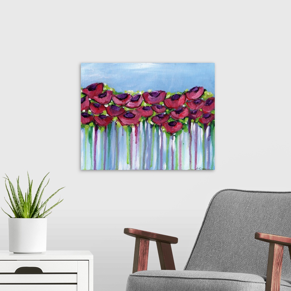 A modern room featuring Contemporary painting of four rows of poppy flowers on a blue background with red and green paint...