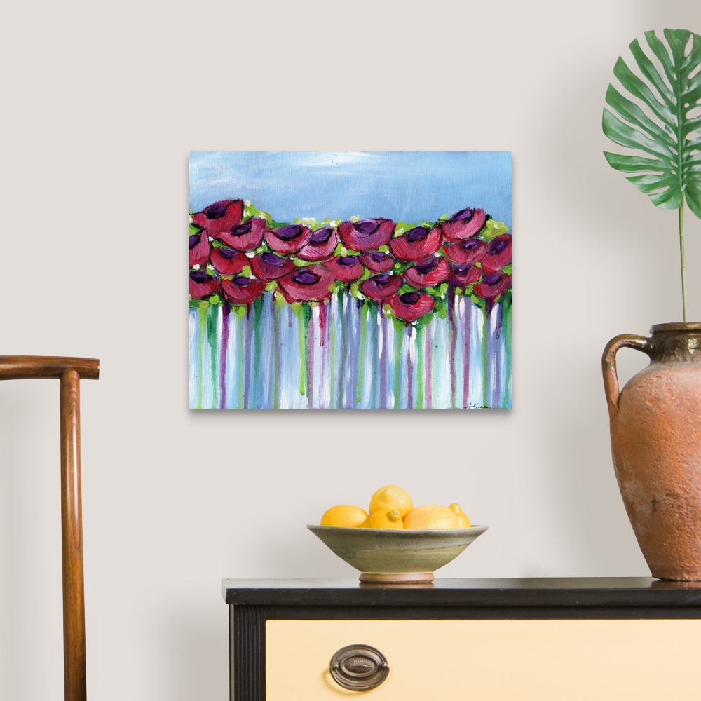 A traditional room featuring Contemporary painting of four rows of poppy flowers on a blue background with red and green paint...