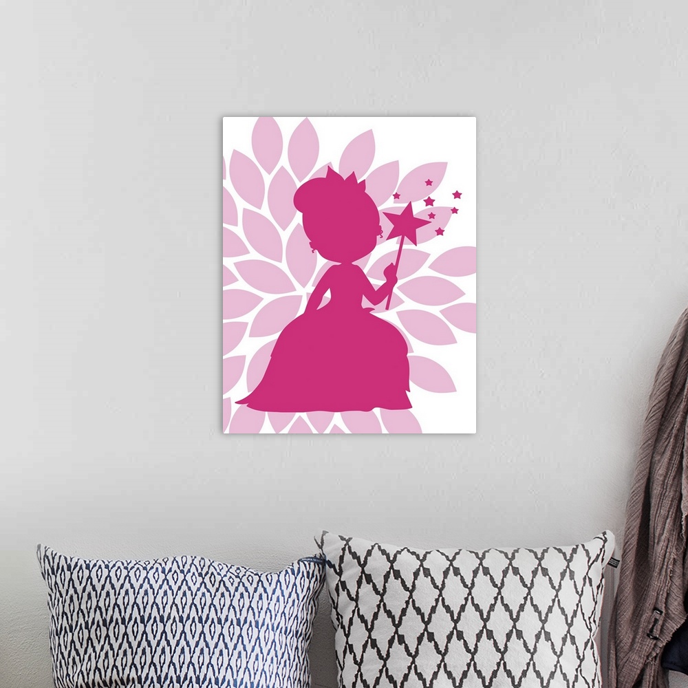 A bohemian room featuring Contemporary children's room artwork of a pink silhouette of a princess against a light pink flow...