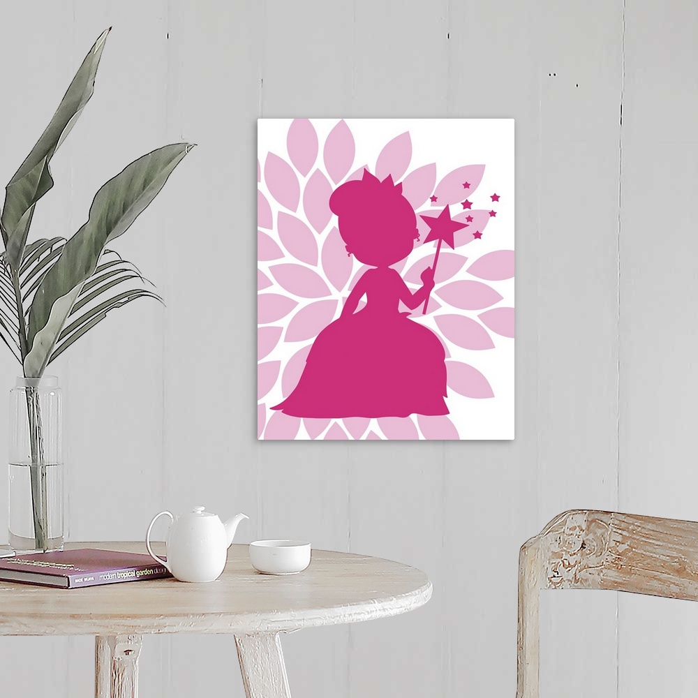 A farmhouse room featuring Contemporary children's room artwork of a pink silhouette of a princess against a light pink flow...