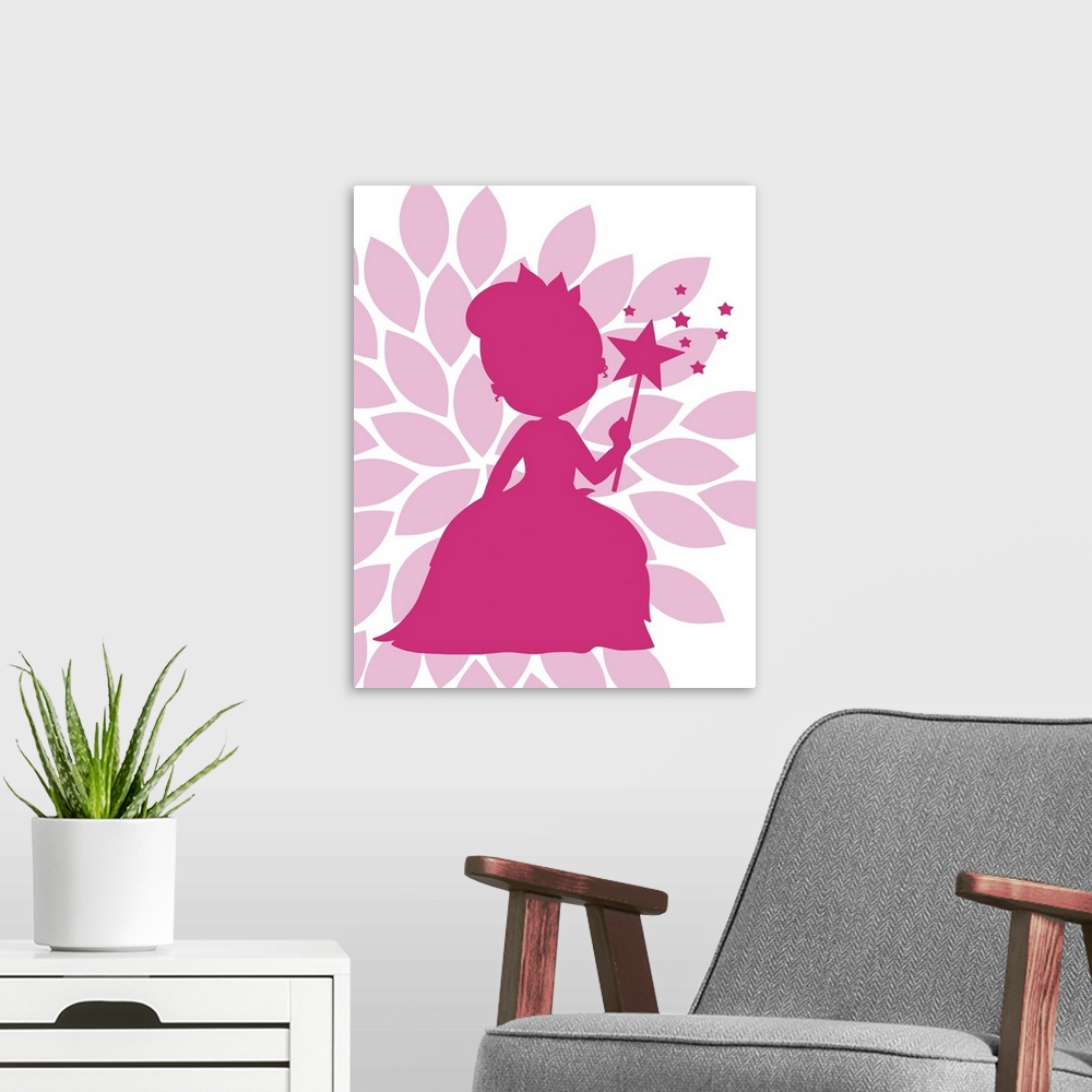 A modern room featuring Contemporary children's room artwork of a pink silhouette of a princess against a light pink flow...