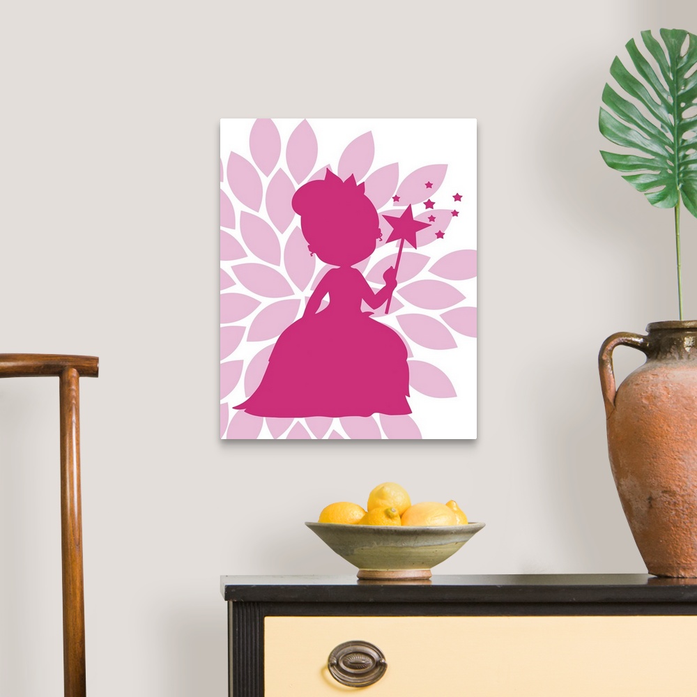 A traditional room featuring Contemporary children's room artwork of a pink silhouette of a princess against a light pink flow...