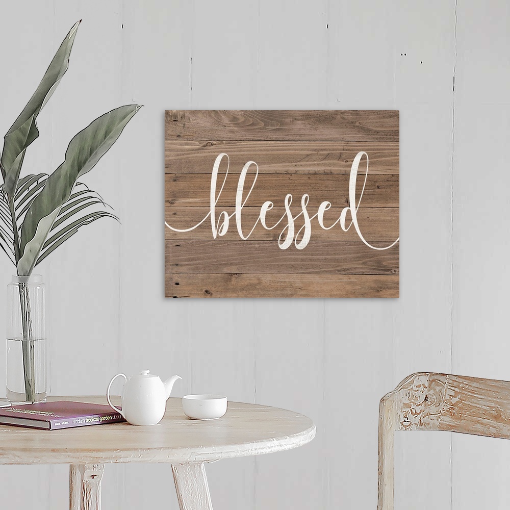 A farmhouse room featuring Distressed typographic art with a shiplap wood background.