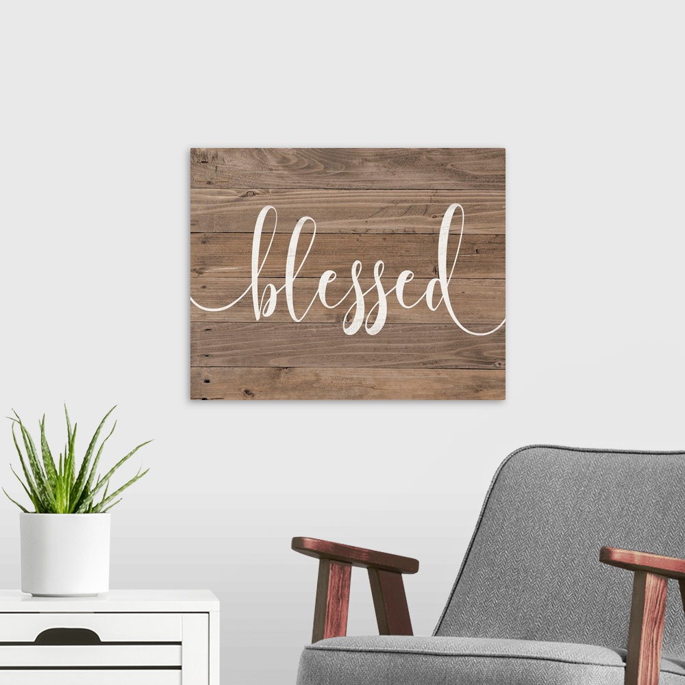 A modern room featuring Distressed typographic art with a shiplap wood background.