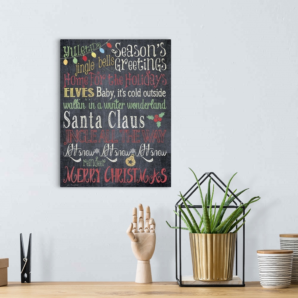 A bohemian room featuring Holiday sentiments against a chalkboard background.