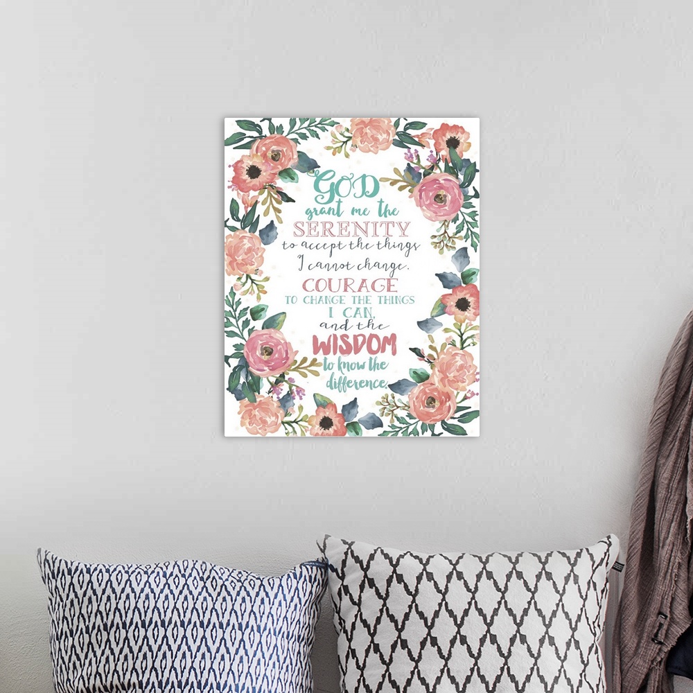 A bohemian room featuring Contemporary handlettered artwork using bright colors against a white background.