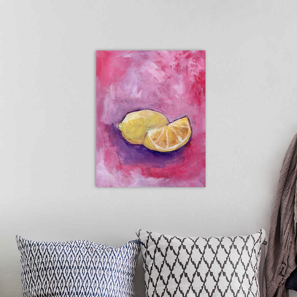 A bohemian room featuring Contemporary still life painting of lemons on a pink and purple background.