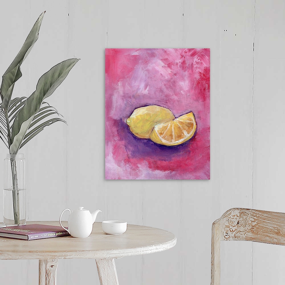 A farmhouse room featuring Contemporary still life painting of lemons on a pink and purple background.