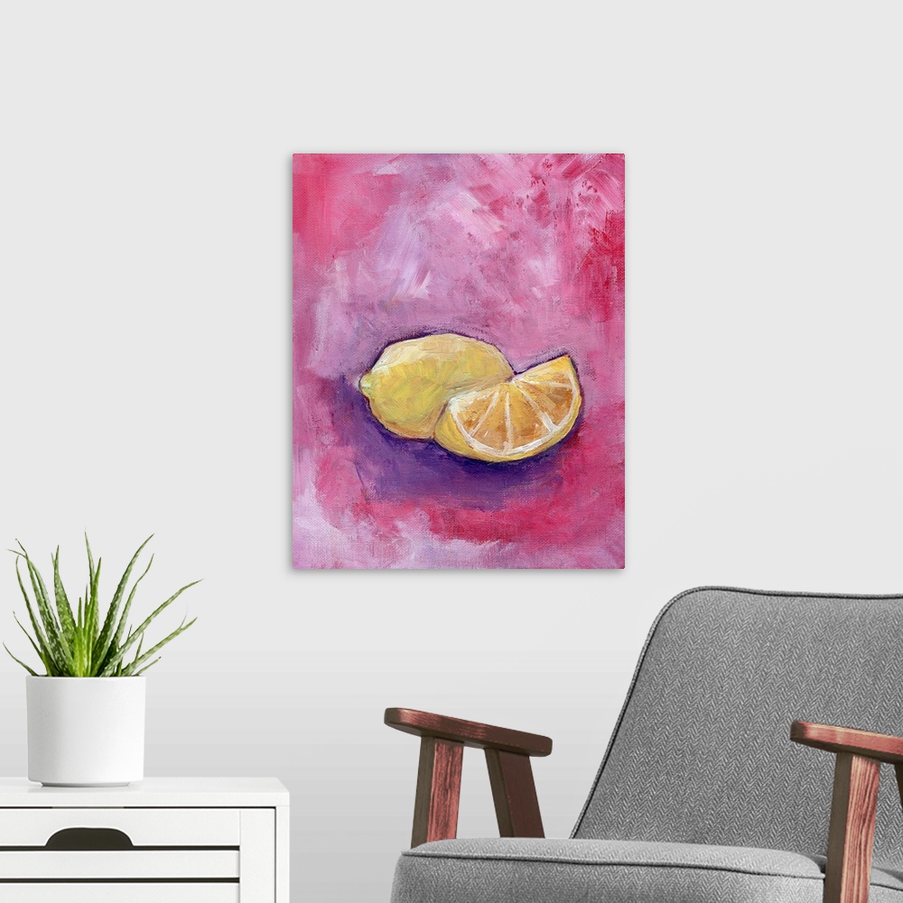 A modern room featuring Contemporary still life painting of lemons on a pink and purple background.