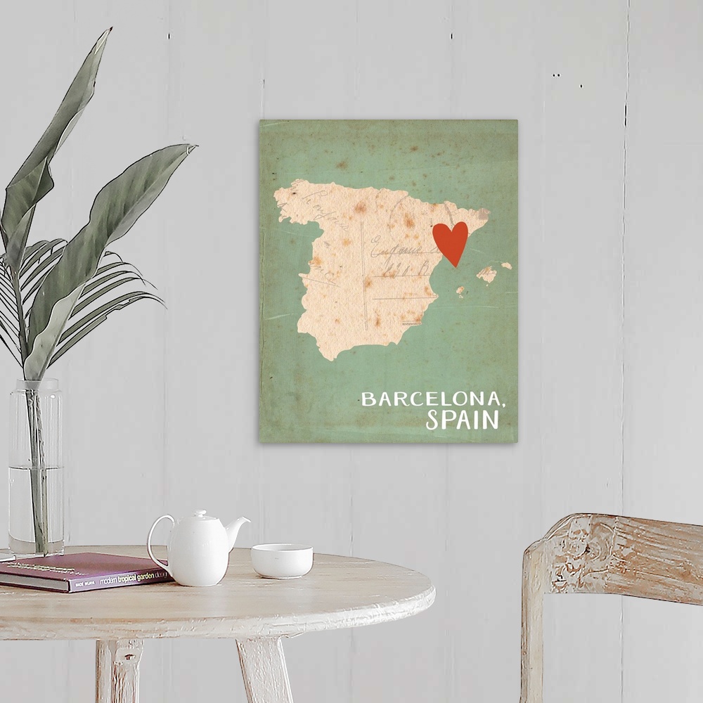A farmhouse room featuring Outline of the country of Spain with a red heart on the location of Barcelona.
