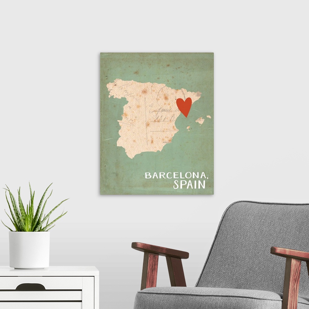 A modern room featuring Outline of the country of Spain with a red heart on the location of Barcelona.