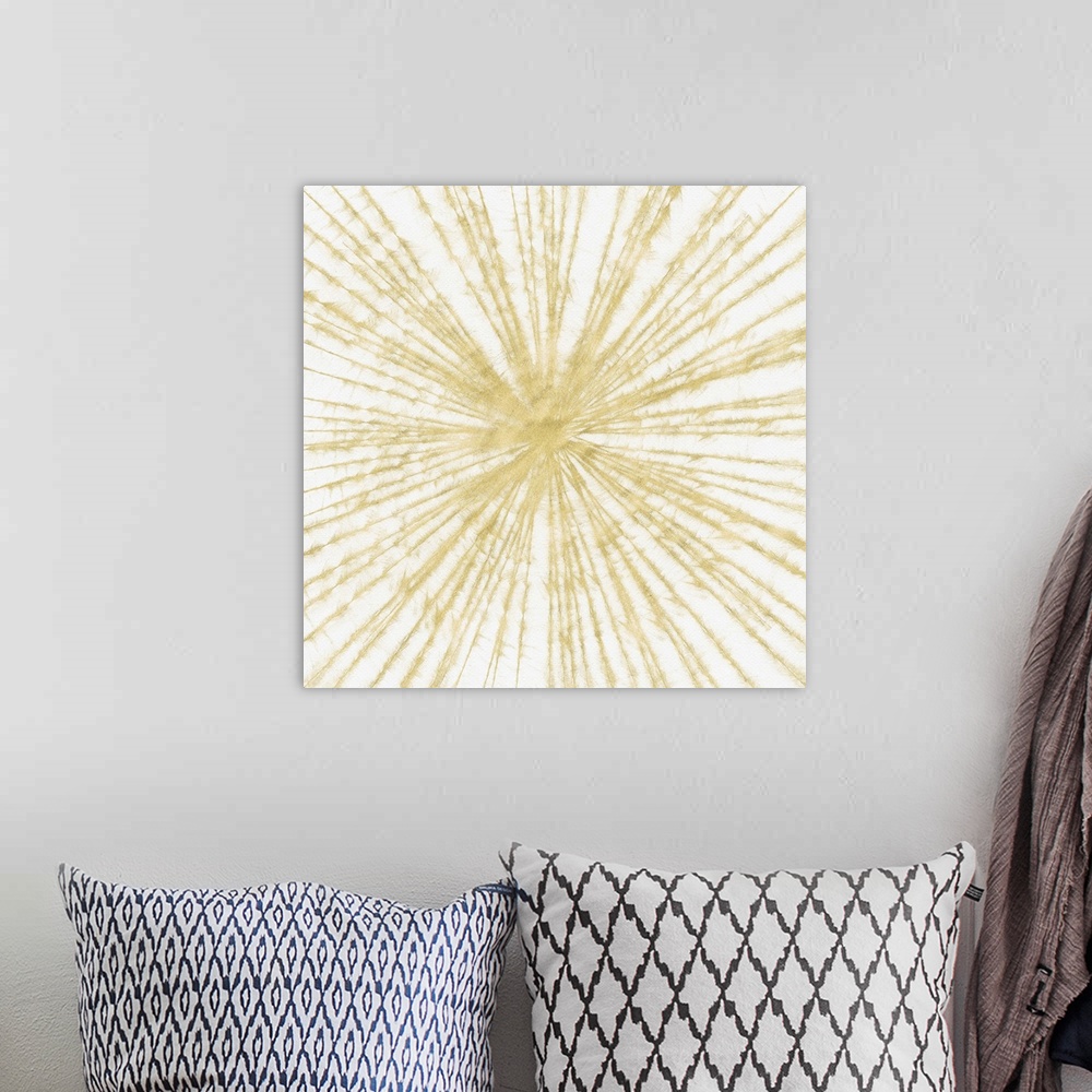 A bohemian room featuring Graphic art of intersecting lines overlapping in all directions creating a starburst, on a light ...