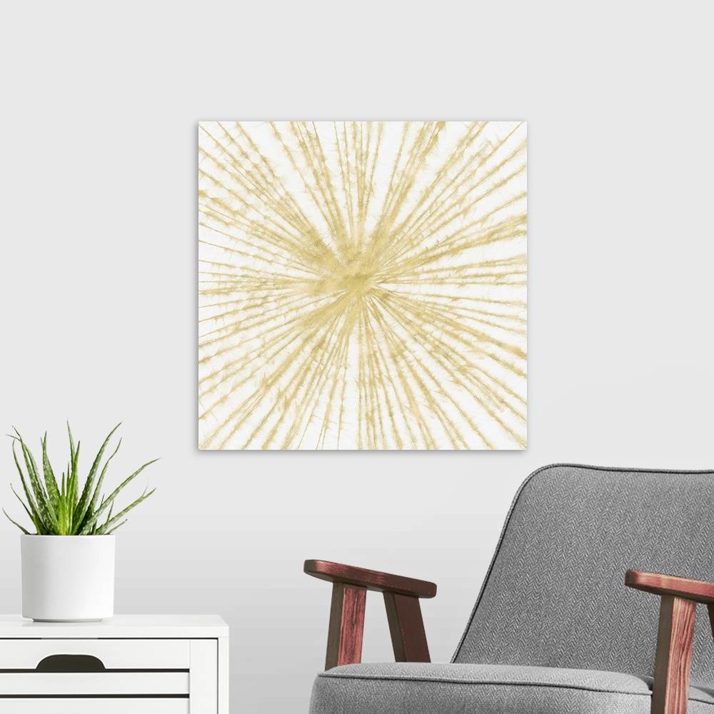 A modern room featuring Graphic art of intersecting lines overlapping in all directions creating a starburst, on a light ...